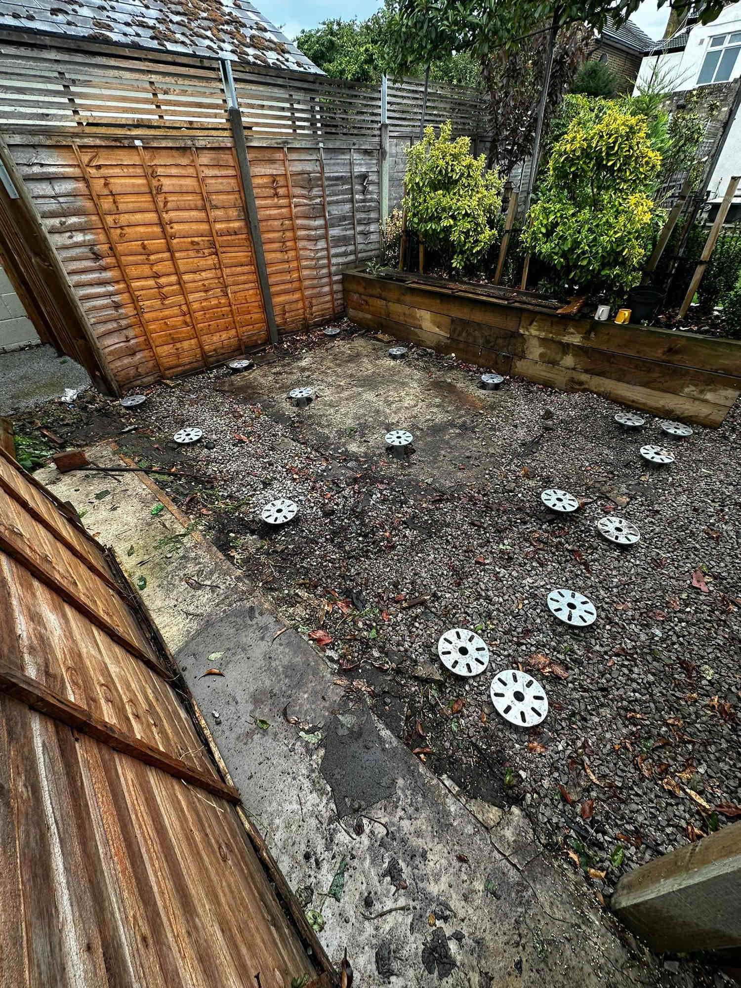 Aerial shot of screw grid on a gravel garden